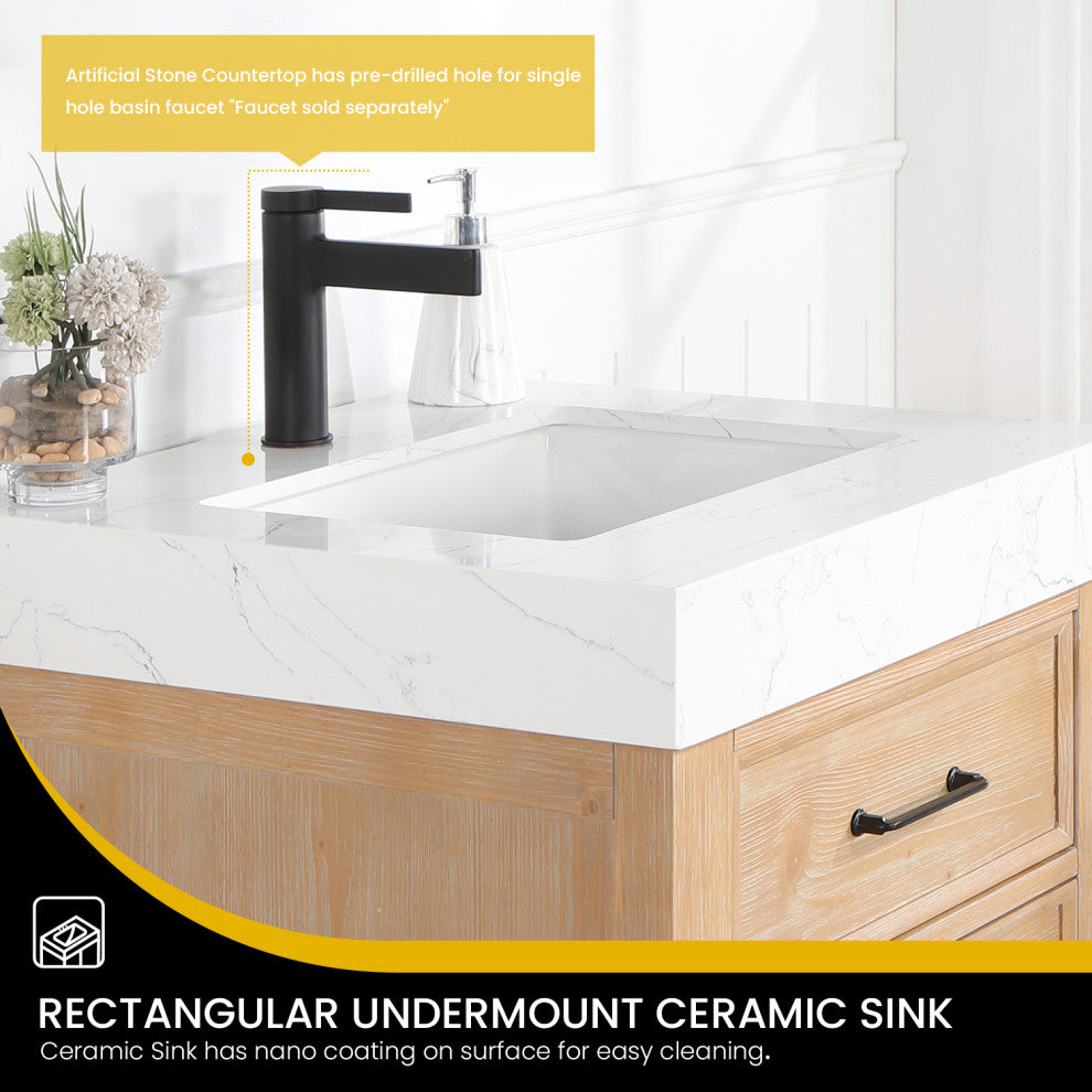 Leon Bath Vanity With Composite Stone Top, Fir Wood Brown, 24", No Mirror