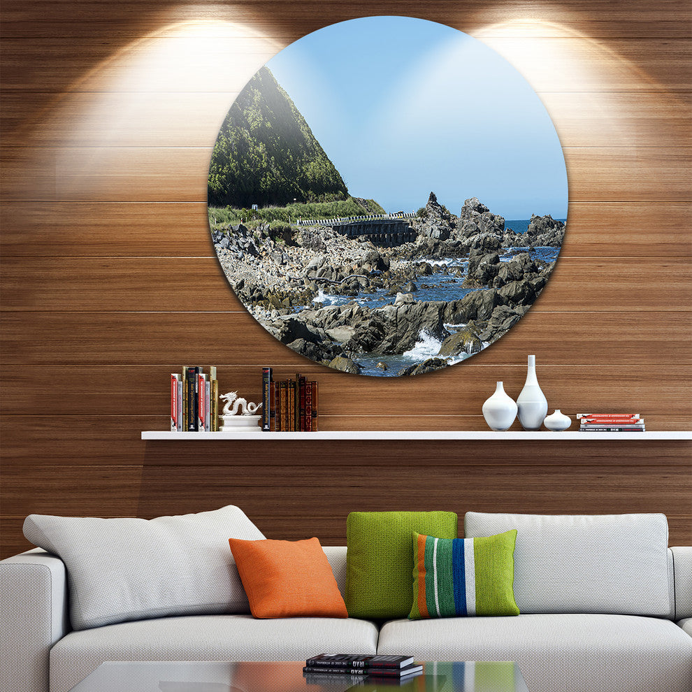 Beautiful New Zealand Rocky Beach, Seascape Disc Metal Wall Art, 23"