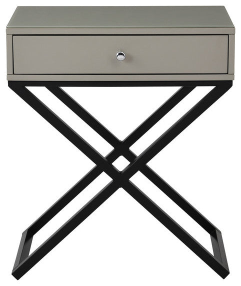 Koda Wooden Side Table Nightstand, Glass Top, Drawer & Metal Base, Taupe