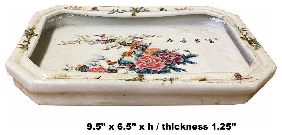 Chinese Off White Porcelain Flower Birds Rectangular Display Plate Hws1819
