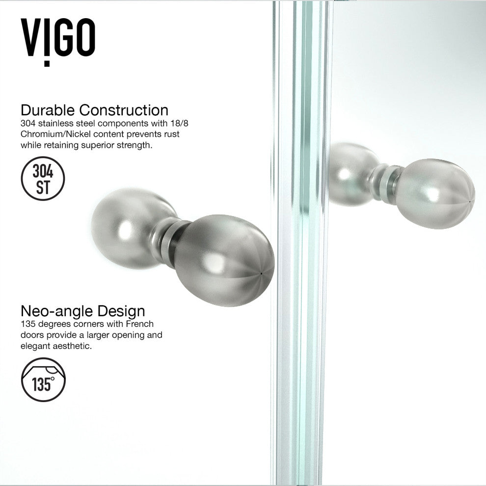 VIGO Gemini Frameless Hinged Neo-Angle Shower Enclosure, Brushed Nickel, 48" D X 47" W, High Base