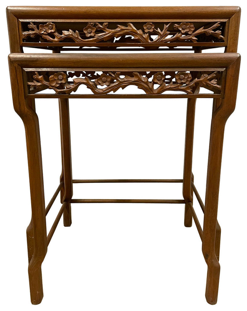 Consigned Early 20th Century Chinese Carved Teak Wood Nesting Table Set