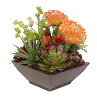 Contemporary Tropical Artificial Succulent Arrangement in a Metal Container