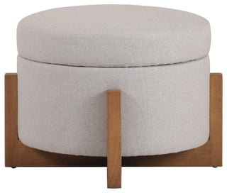 Modrest Sada Mid-Century Beige Linen + Chestnut Round Ottoman