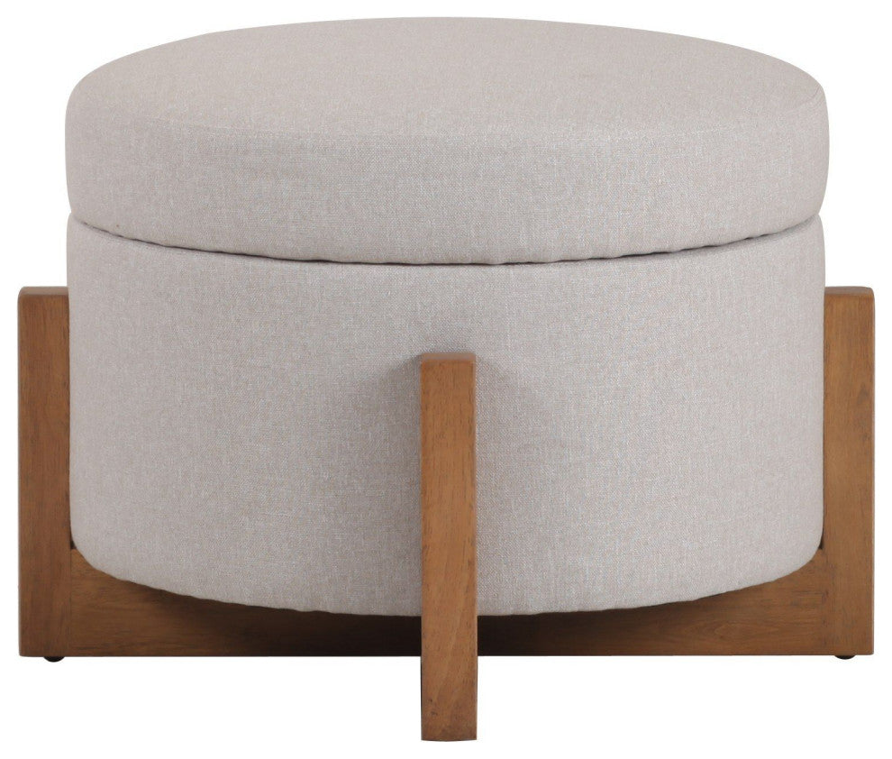 Modrest Sada Mid-Century Beige Linen + Chestnut Round Ottoman
