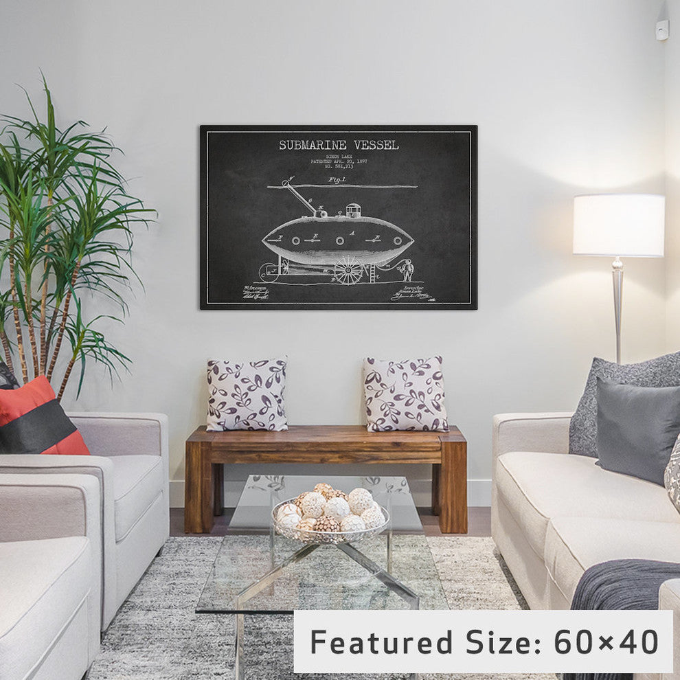 "Submarine Vessel Charcoal Patent Blueprint" by Aged Pixel, 26x18x1.5