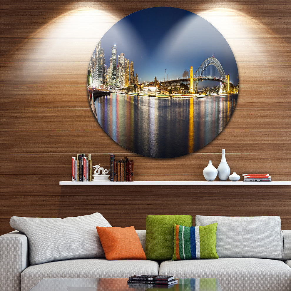 Cityscape Sydney Nightfall Panorama, Cityscape Disc Metal Wall Art, 11"