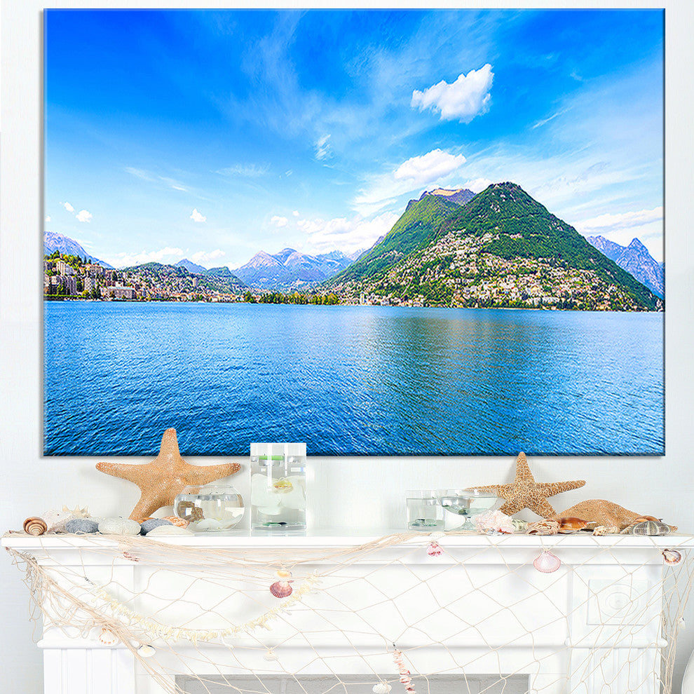 "Lugano Lake Ticino Panorama" Seashore Canvas Art, 32"x16"