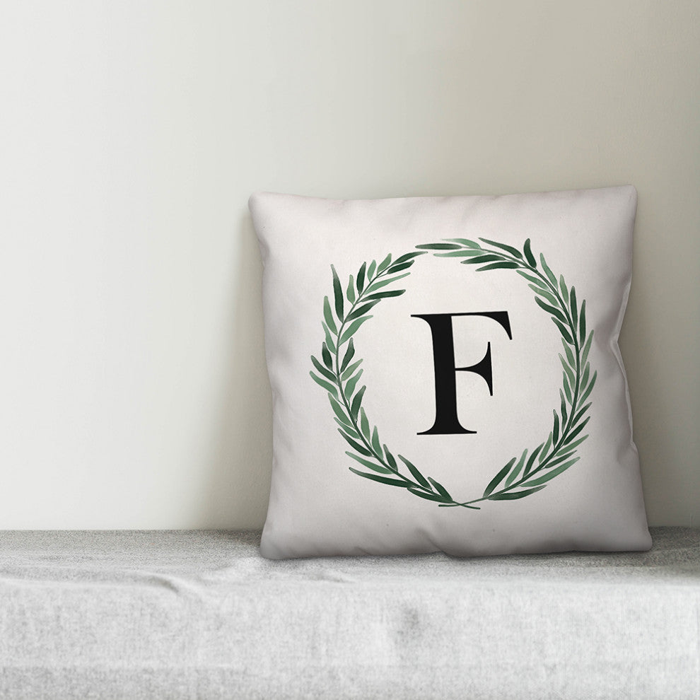 Watercolor Greenery Wreath Monogram - F 18x18 Spun Poly Pillow