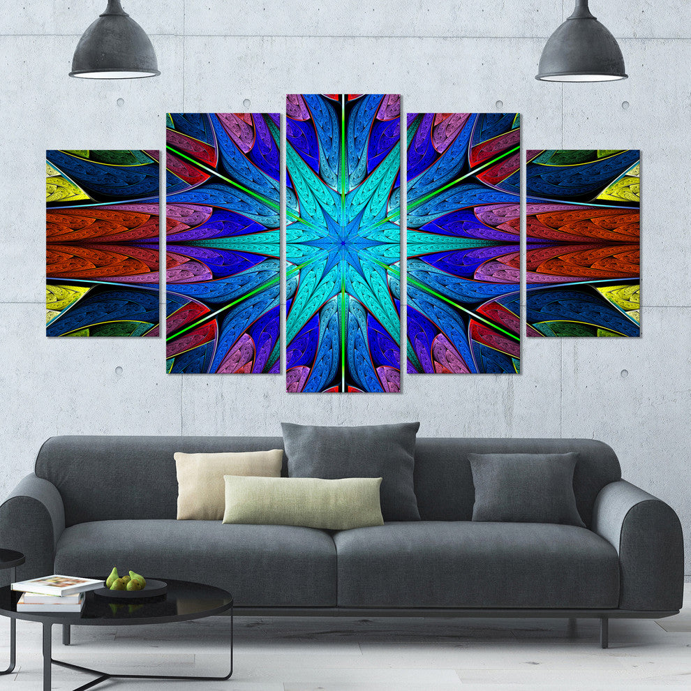 Stained Glass with Multi Color Stars, Abstract Canvas Art, 60"x32", 5 Panels