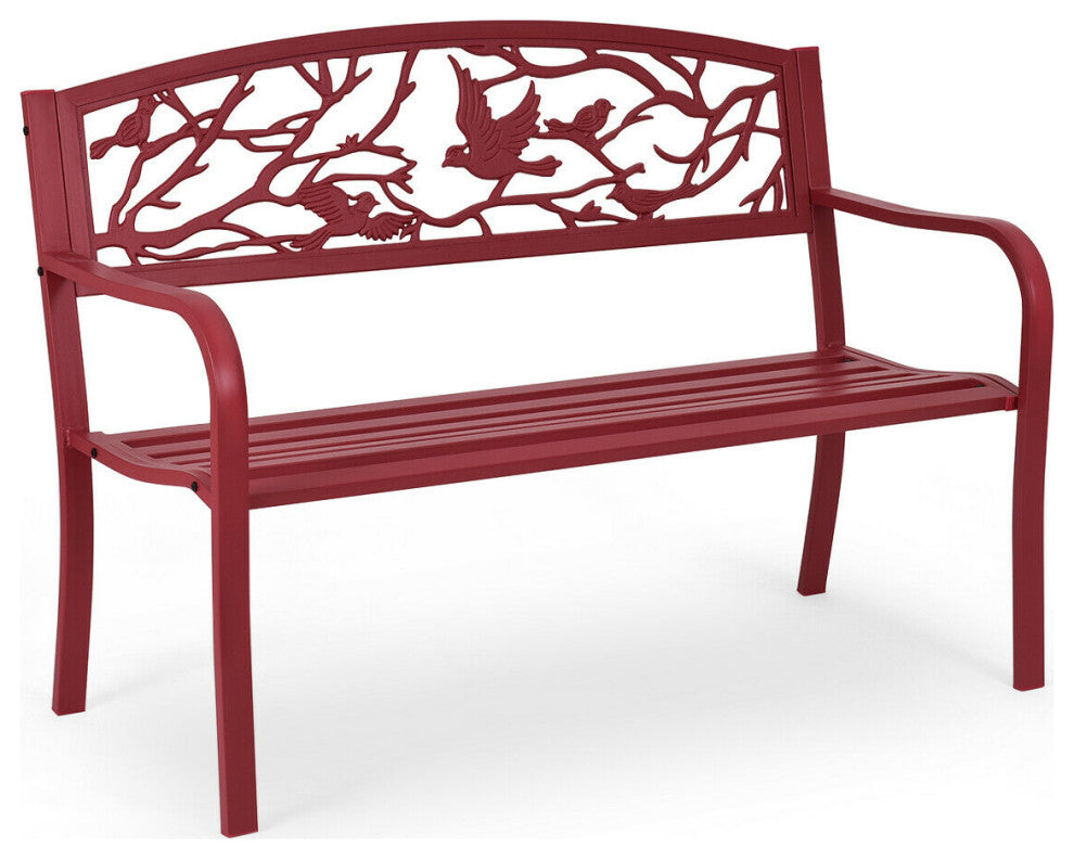 Costway Patio Garden Bench Yard Outdoor Furniture Cast Iron Porch Chair Red