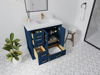 Boston 36 Right Offset Bath Vanity in Navy Blue 2" Calacatta Black