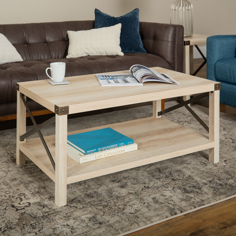 40" Farmhouse Metal "X" Coffee Table with Corner Accents, White Oak