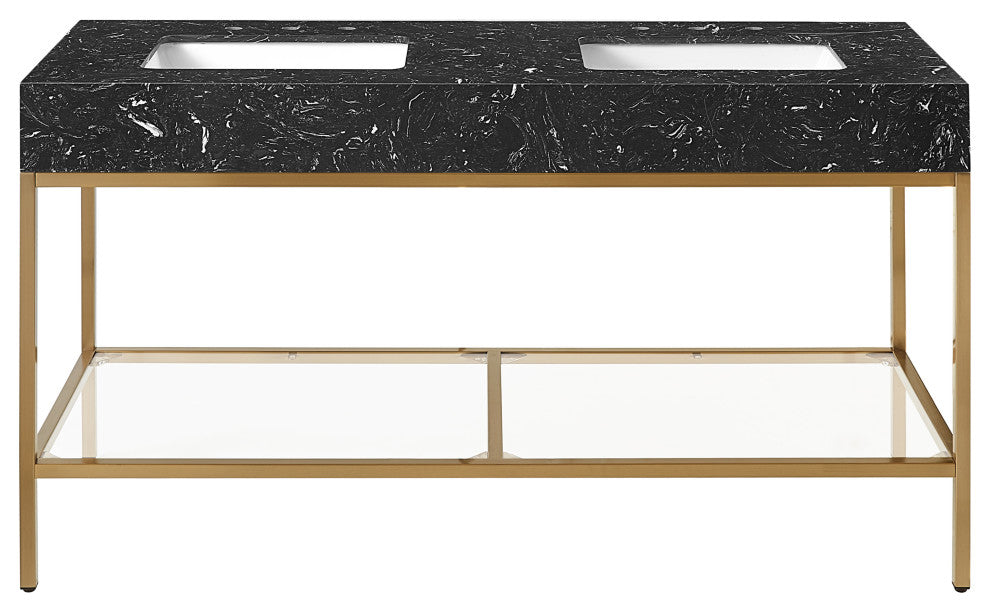 Marmo Bathroom Vanity, Black, 60" Wide, Brushed Brass Finish