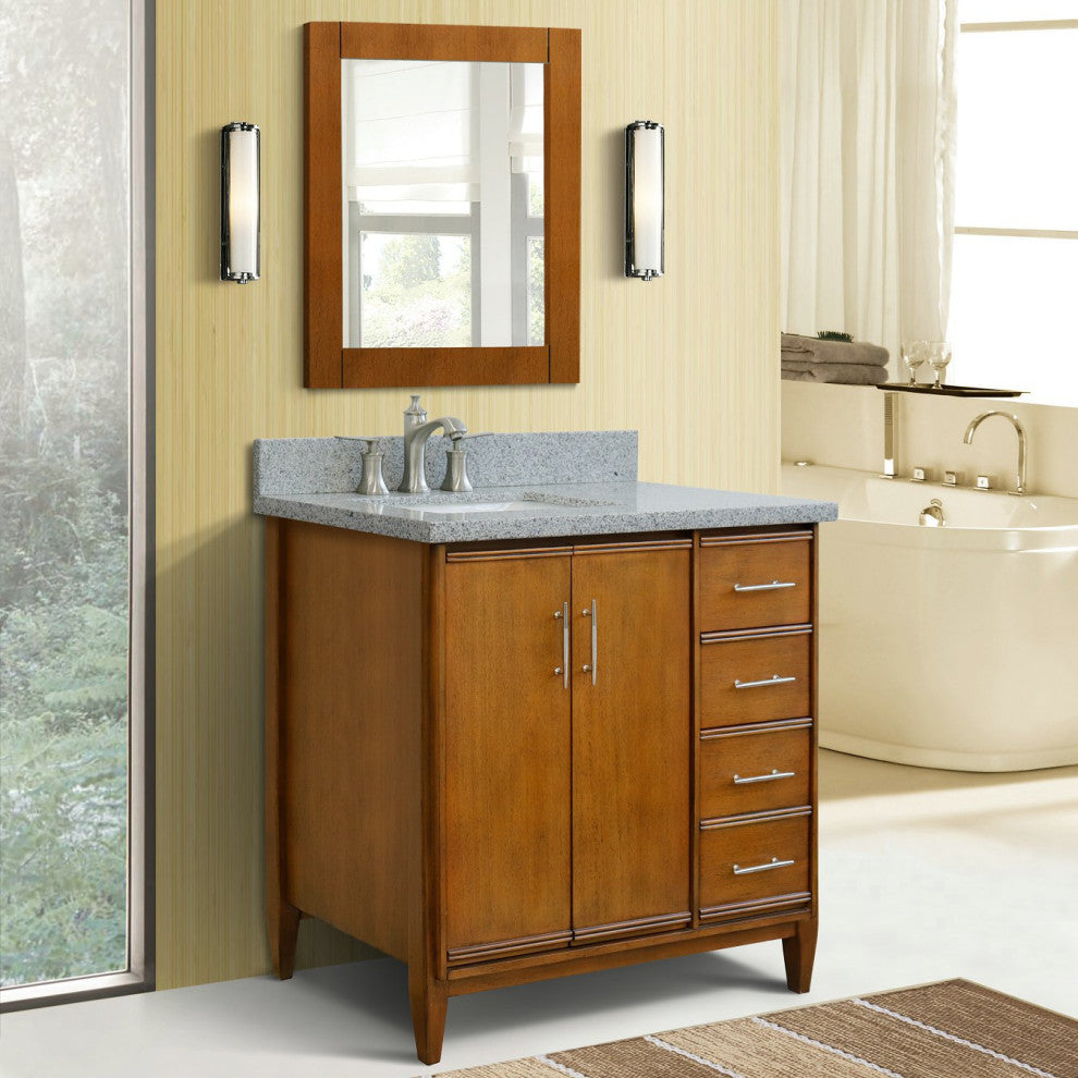 37" Single Vanity, Walnut Finish With Gray Granite