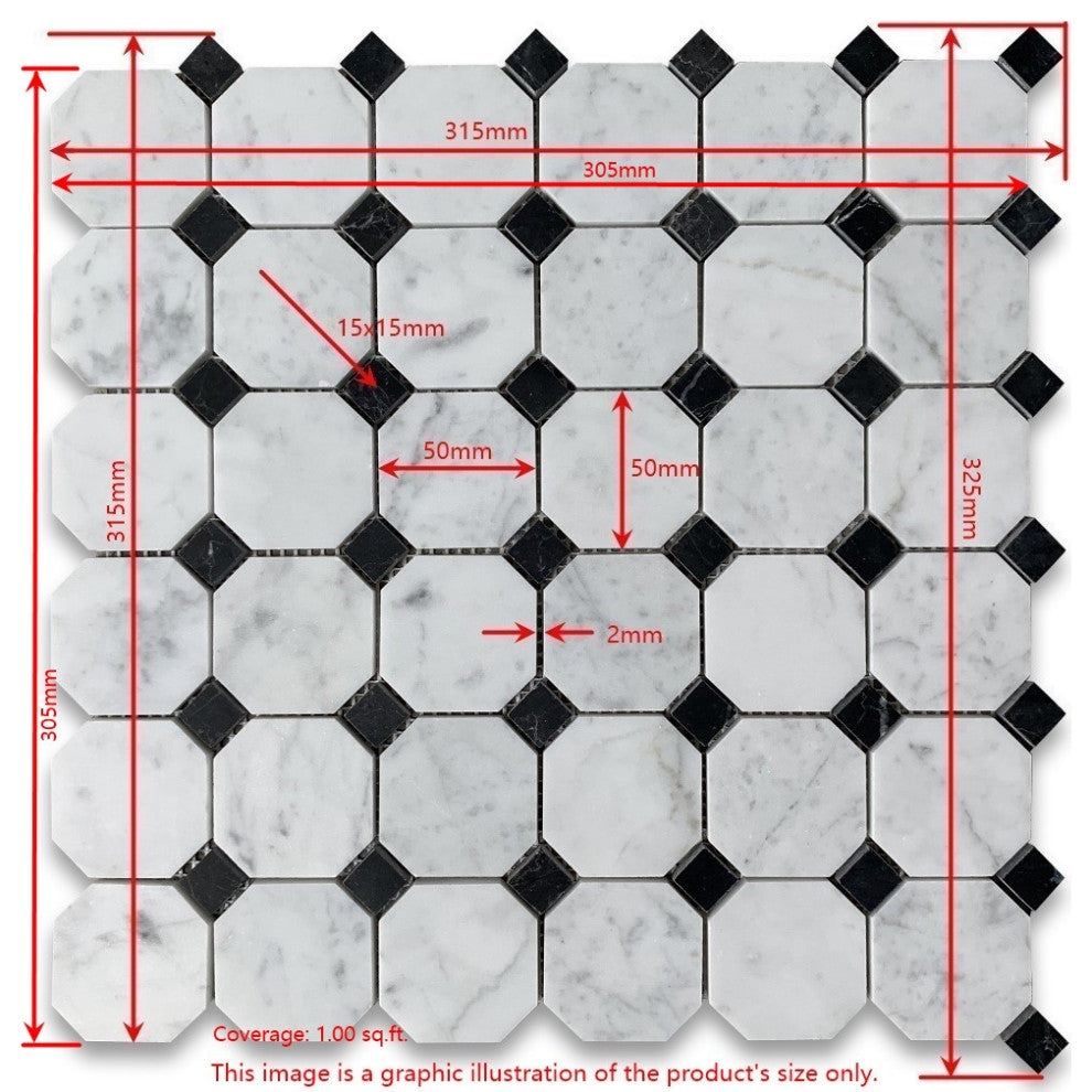 Nero Marquina Black Marble 2" Octagon Mosaic Tile Thassos White Polish, 1 sheet