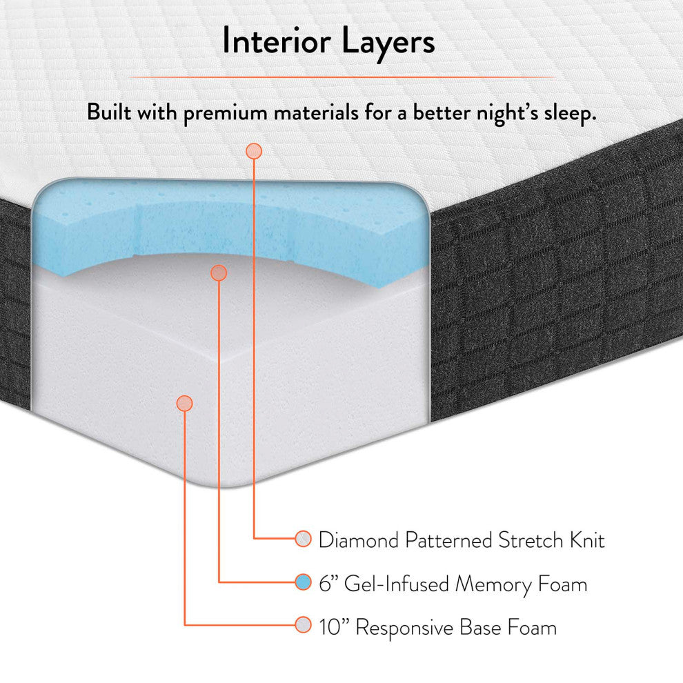 16" Memory Foam Mattress, Full Size, White, Modern Contemporary, Bedroom