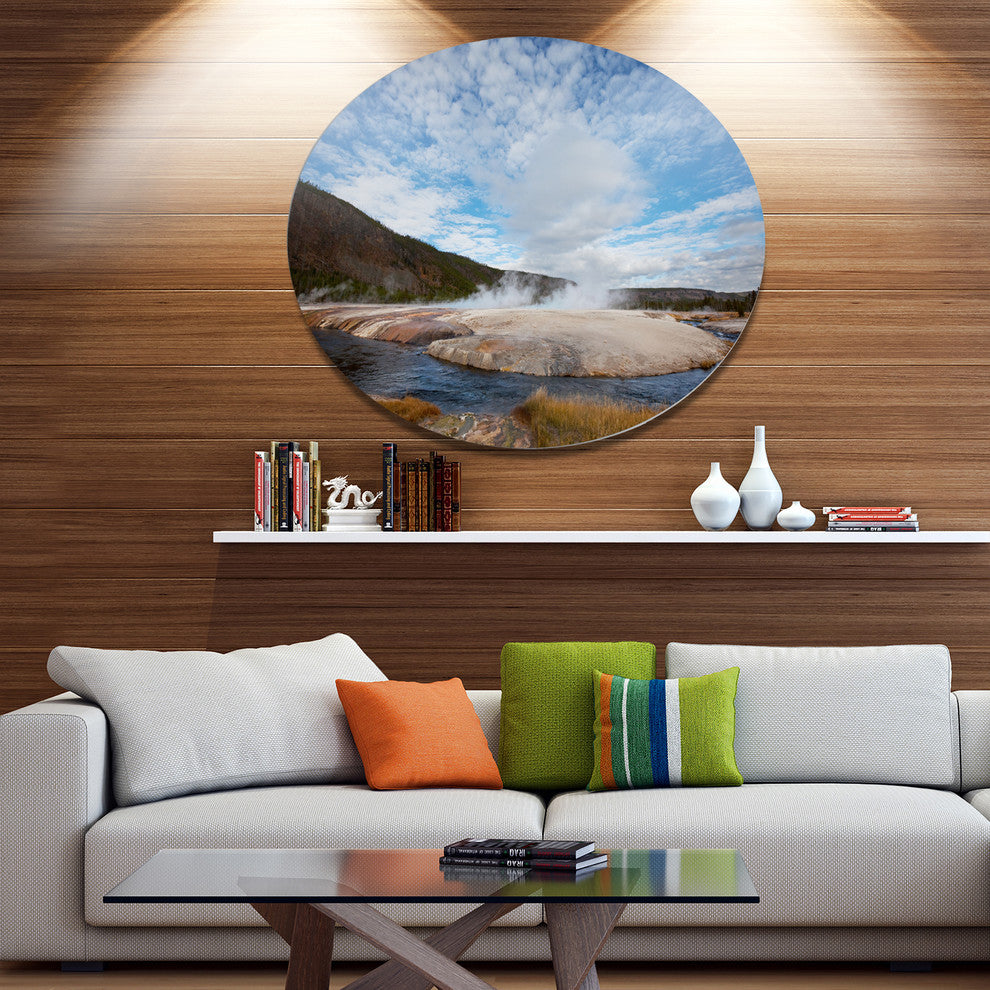 Yellowstone Under Bright Clouds, Landscape Disc Metal Wall Art, 11"