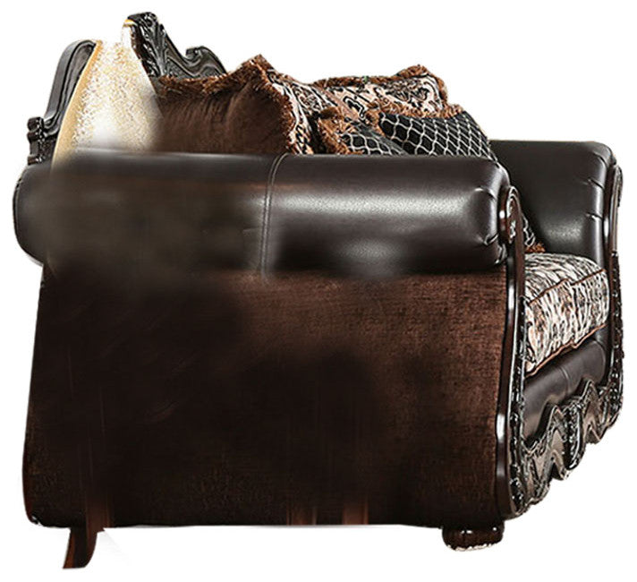 Faux Leather and Chenille Love Seat with Button Tufting Design, Brown