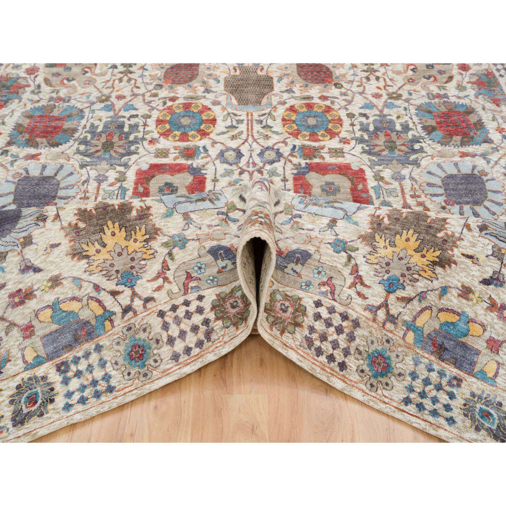 Ivory Hand Knotted Tabriz Vase With Flower Design Silk With Wool Rug 8'3"x10'3"