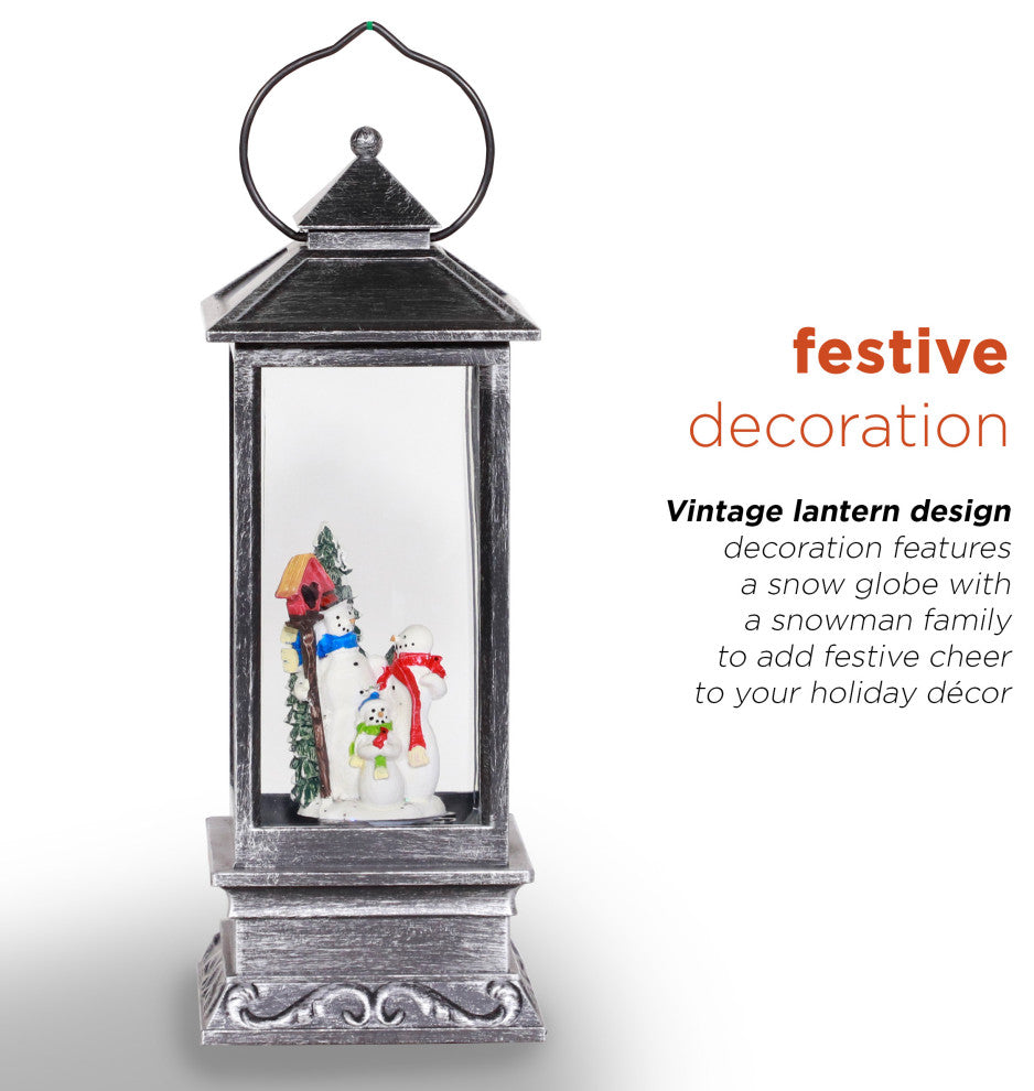 11"H Indoor Lantern Snowman Snow Globe Holiday Decoration with LED Light, Silver