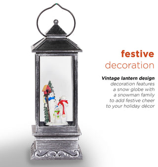 11"H Indoor Lantern Snowman Snow Globe Holiday Decoration with LED Light, Silver