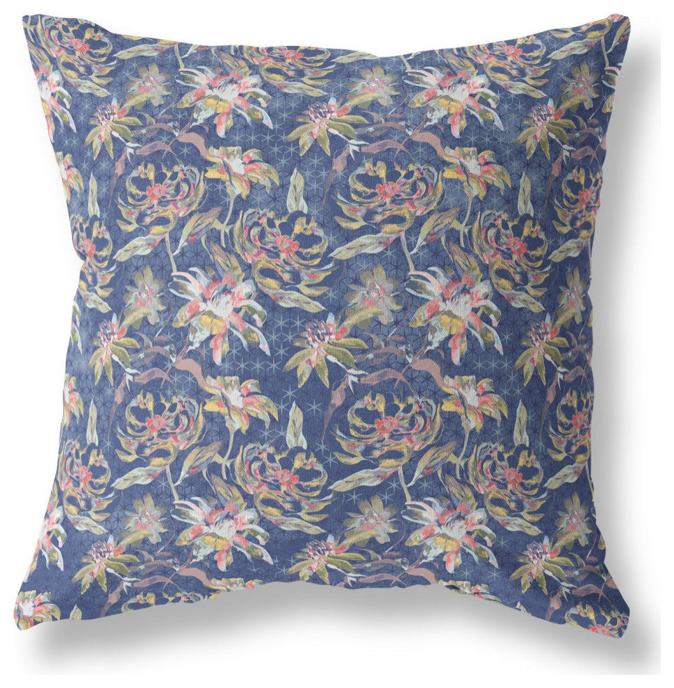 20" Blue Yellow Roses Indoor Outdoor Throw Pillow