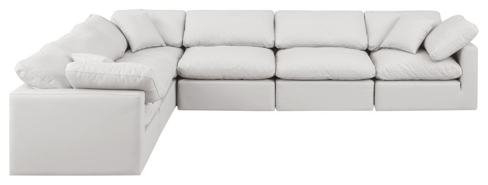 Indulge Upholstered Modular L-Shaped Sectional, Cream, 6-Piece: 3 Armless Chair, 3 Corner Chair, Fiber Stuffed Vegan Leather