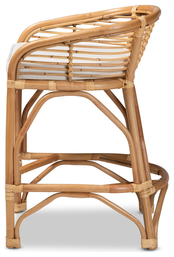 Merlin Modern Bohemian Rattan Collection, White/Natural Brown, Counter Stool