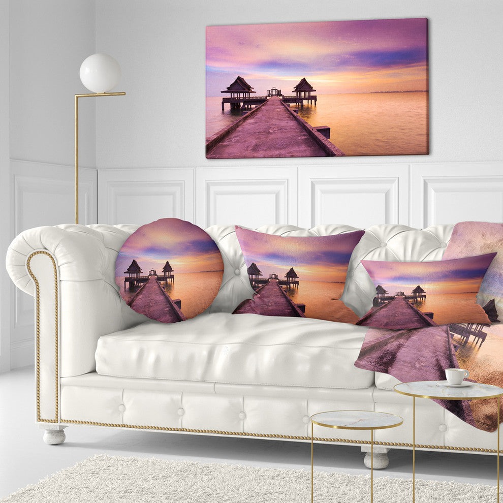 Walking Path To Abandoned Temple Sea Bridge Throw Pillow, 12"x20"