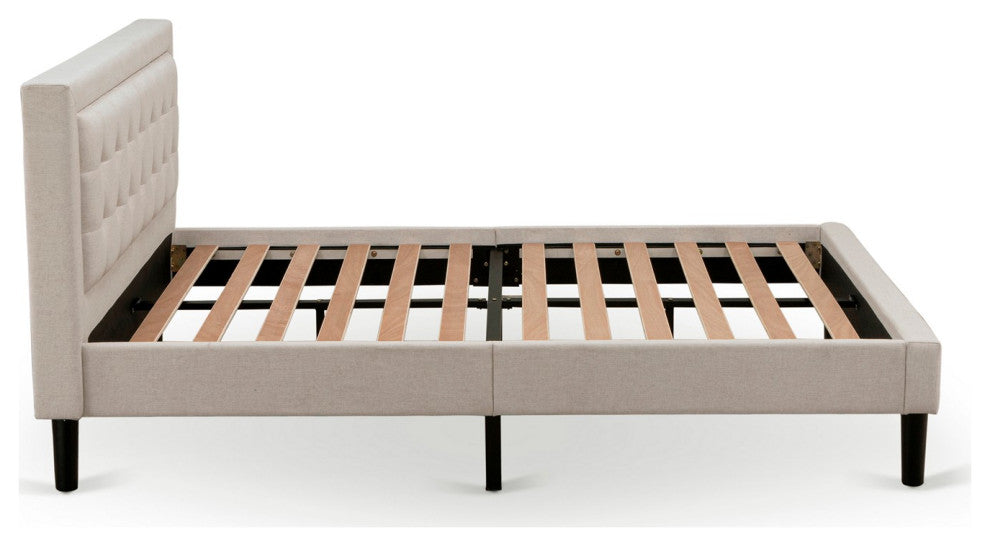 Platform Queen Size Bed Mist Beige Upholestered Bed Headboard,Black Legs