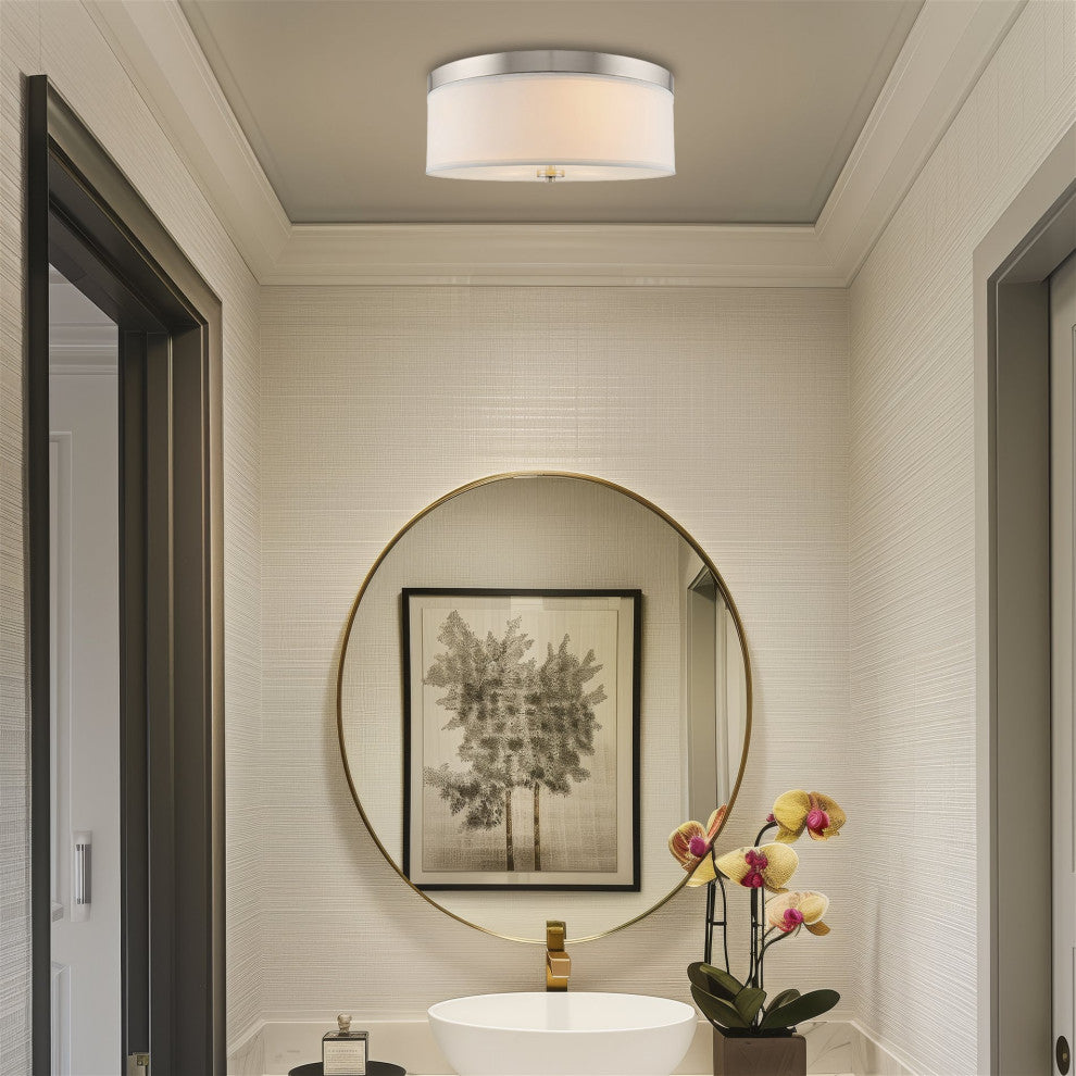 Kira Home Walker 15" Flush Mount Ceiling Light, White Fabric Shade, Round Glass