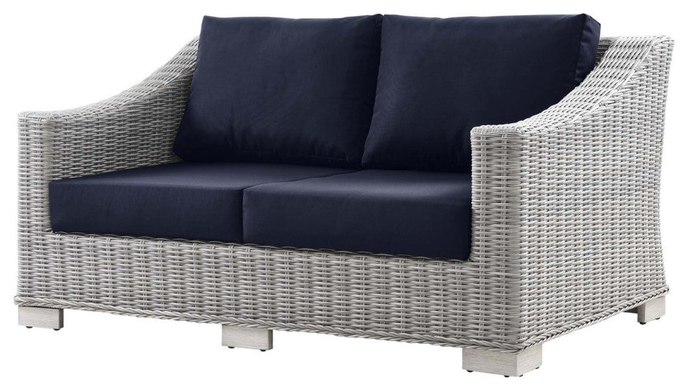 Lounge Sectional Sofa Chair Set, Rattan, Wicker, Gray Blue Navy, Outdoor