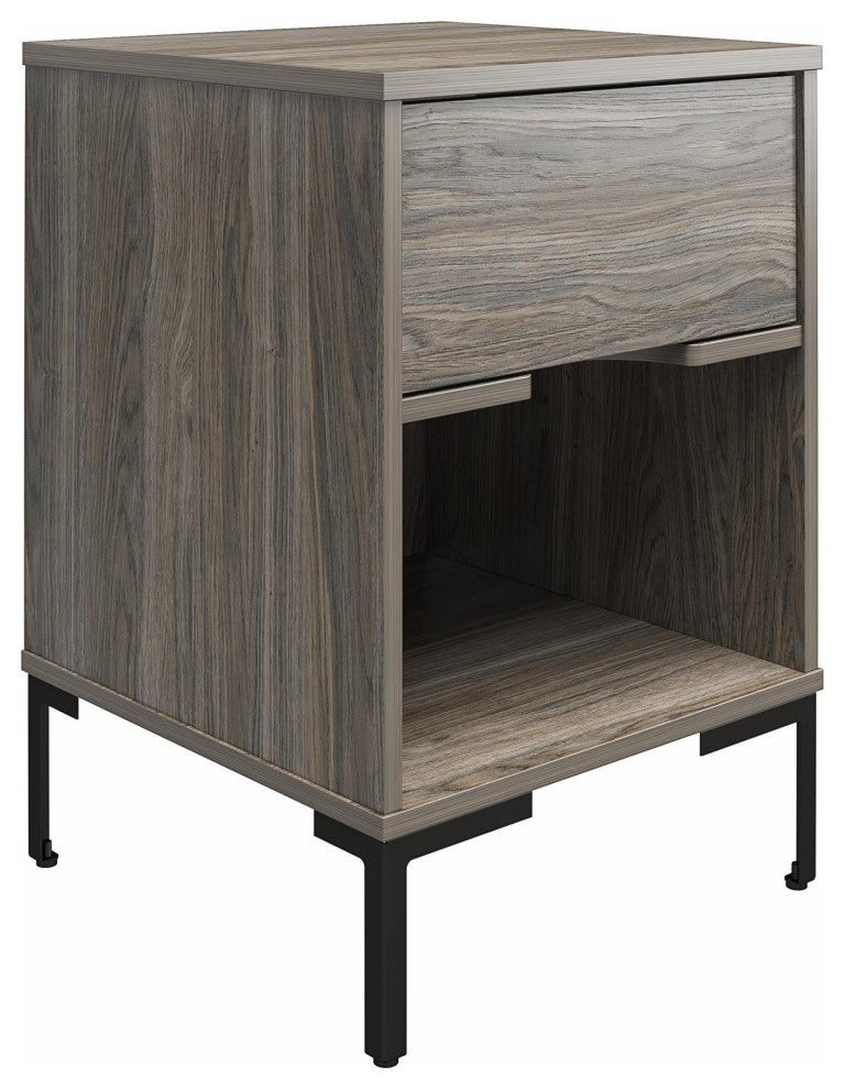 Modern Nightstand, Bottom Open Shelf & Drawer With Cut Out Pull, Weathered Oak