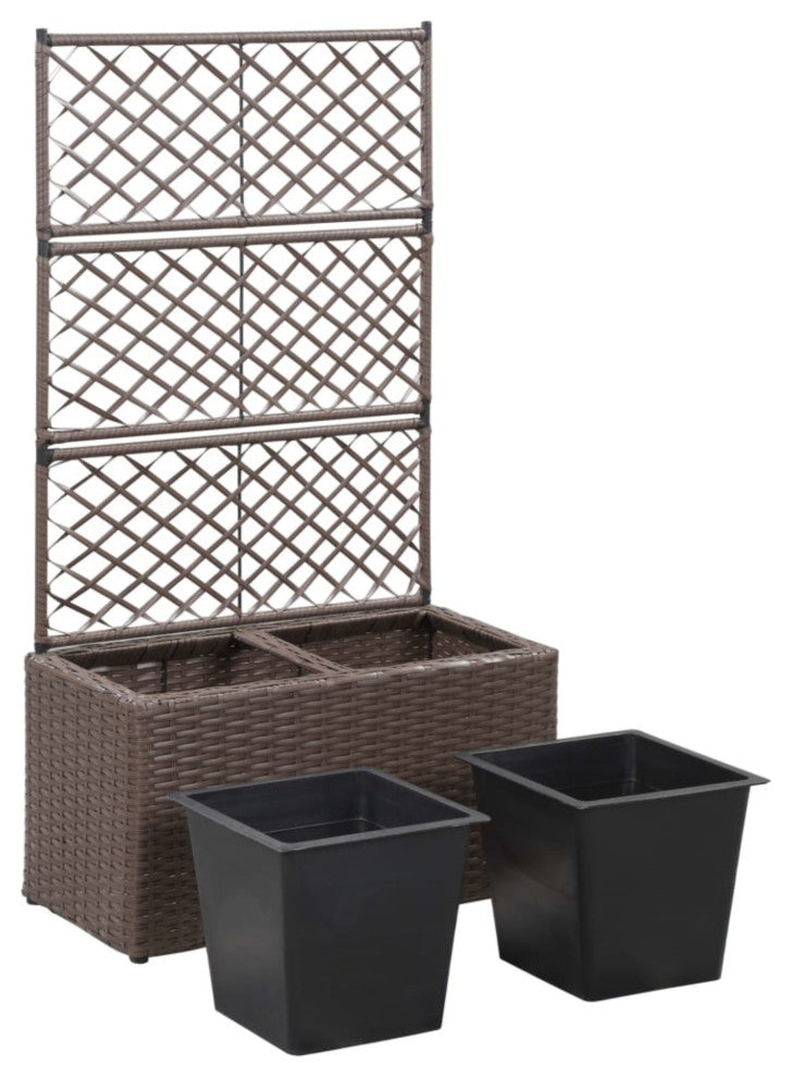 Vidaxl Trellis Raised Bed With 2 Pots 22.8"x11.8"x42.1" Poly Rattan Brown