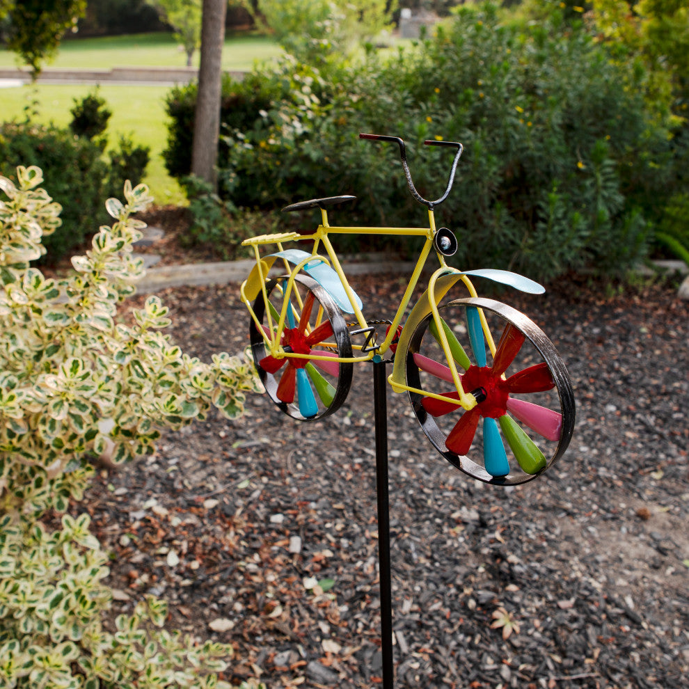 42" Tall Outdoor Metal Bicycle Wind Spinner Garden Stake Decoration, Multicolor