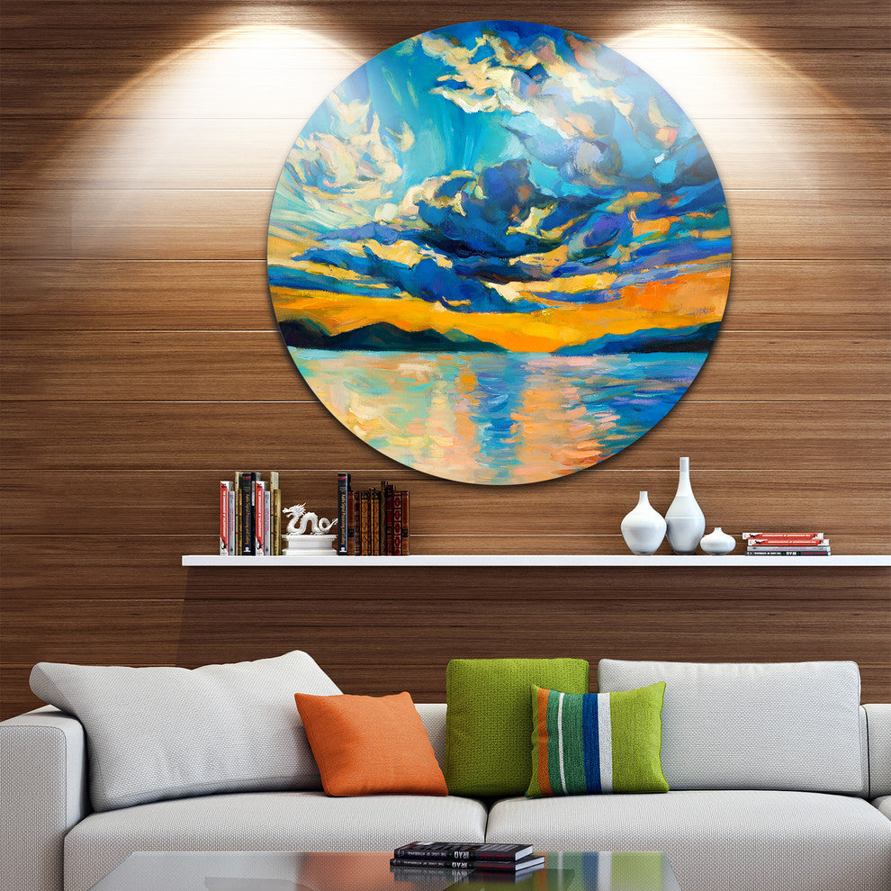 Orange Sunset With Blue Sky, Modern Painting Disc Metal Wall Art, 38"