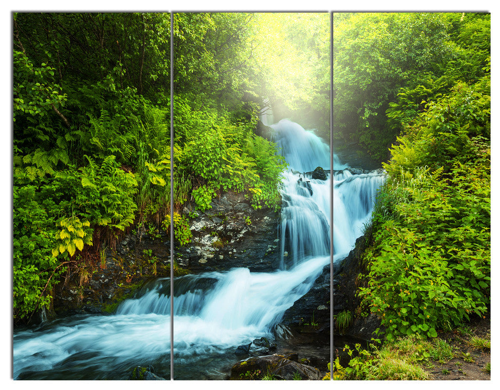 Blue Creek in Green Rain Forest, Landscape Triptych Canvas Art, 36x28, 3 Panels