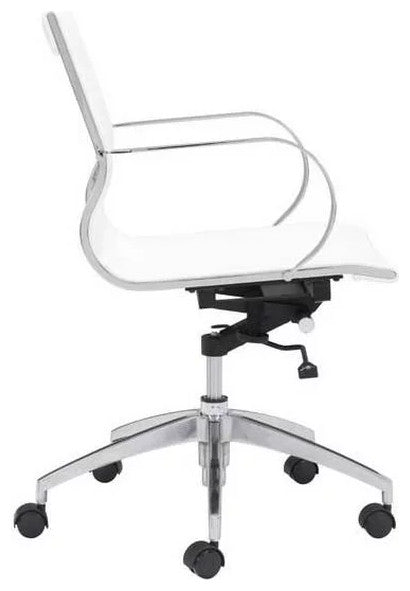 Modern Office Chair, Chrome Frame With Rounded Arms & Faux Leather Seat, White