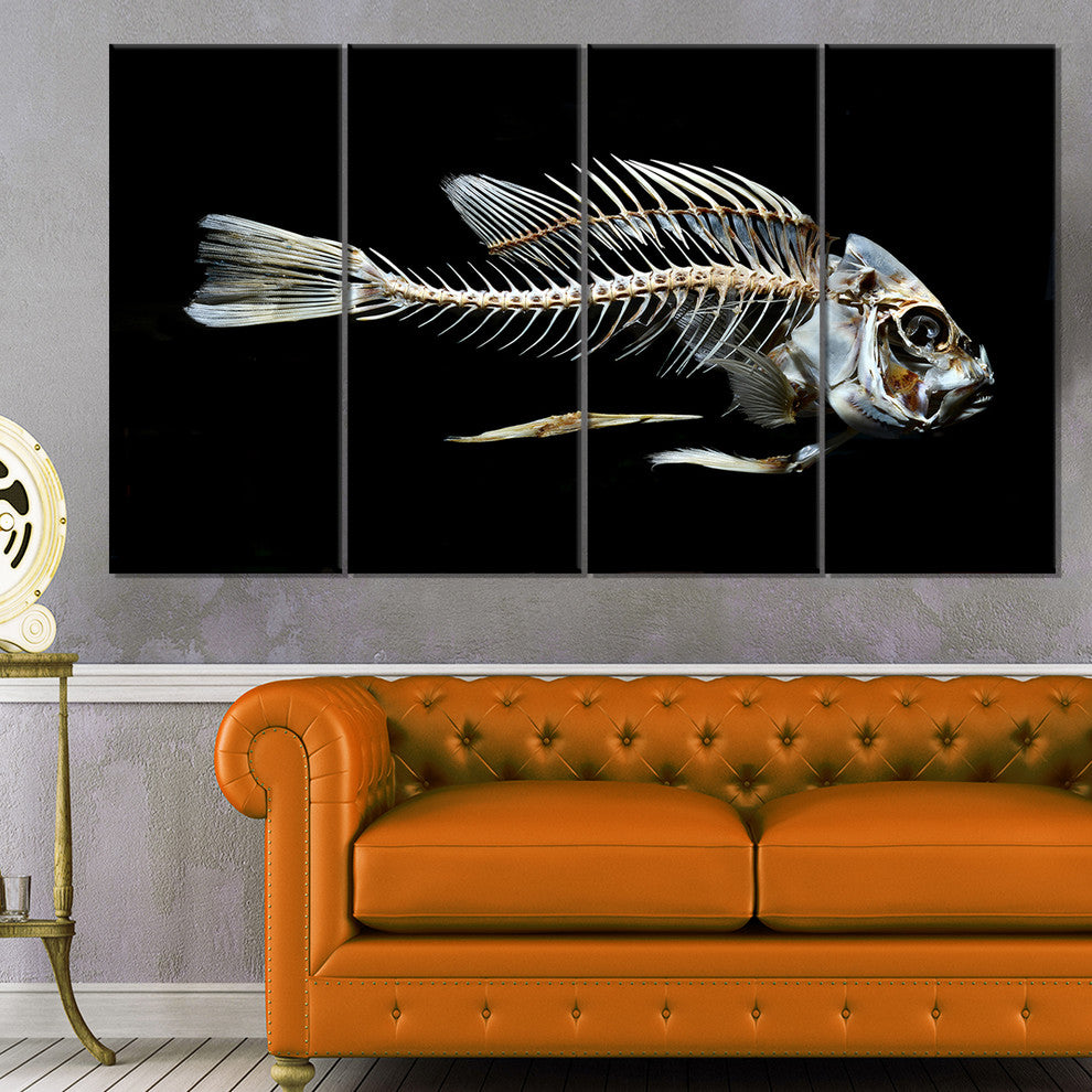 Fish Skeleton Bone on Black, Animal Canvas Art Print, 48"x28", 4 Panels
