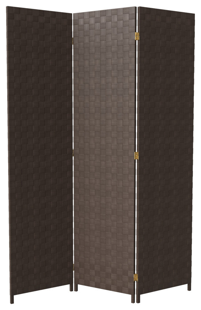 6' Tall Woven Fiber Outdoor All Weather Room Divider, 3 Panel, Dark Brown