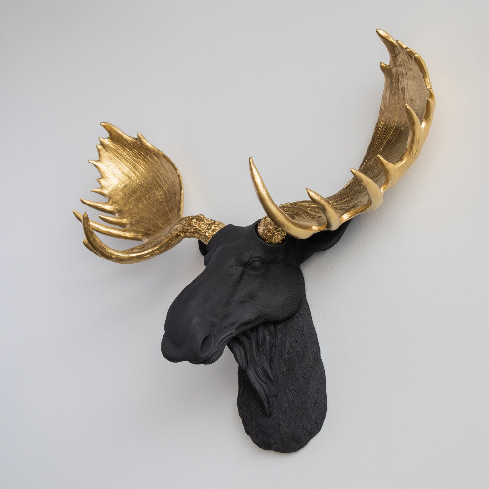Faux Taxidermy Moose Head Wall Mount, Black and Gold