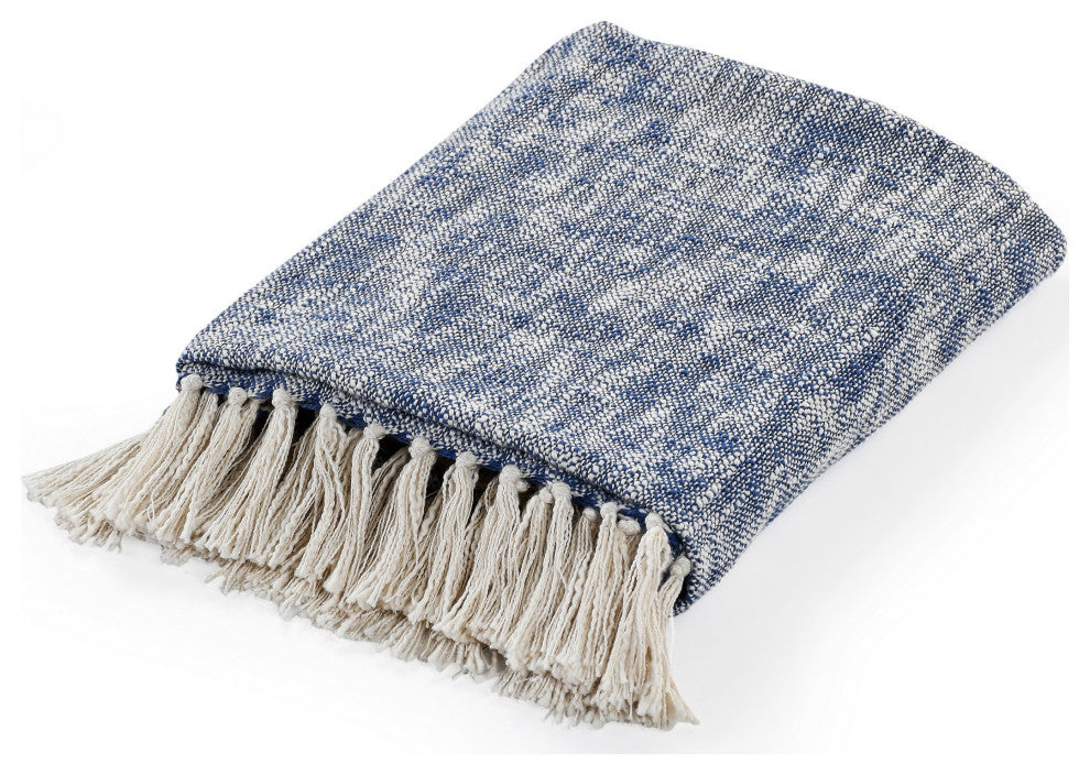 Boho Chambray Throw Blanket with Fringe, Navy Blue