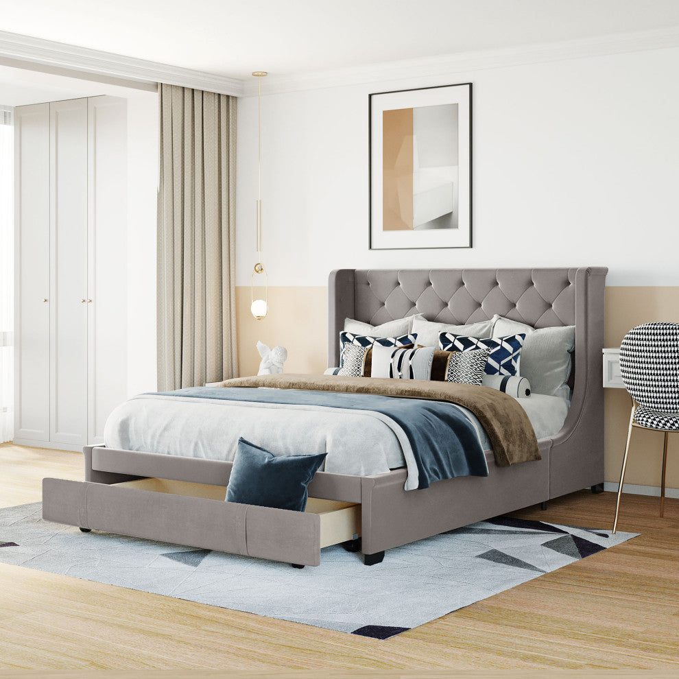 Queen Upholstered Platform Bed with Wingback Headboard and Drawer, Gray