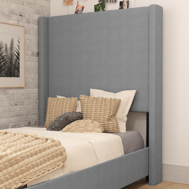 Quinn Upholstered Platform Bed with Channel Stitched Wingback Headboard, Gray, Twin