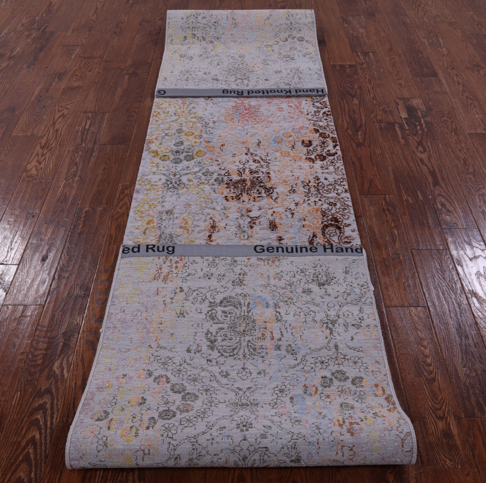 Runner Wool and Silk Modern Handmade Rug 2' 7" X 13' 10" Q9264
