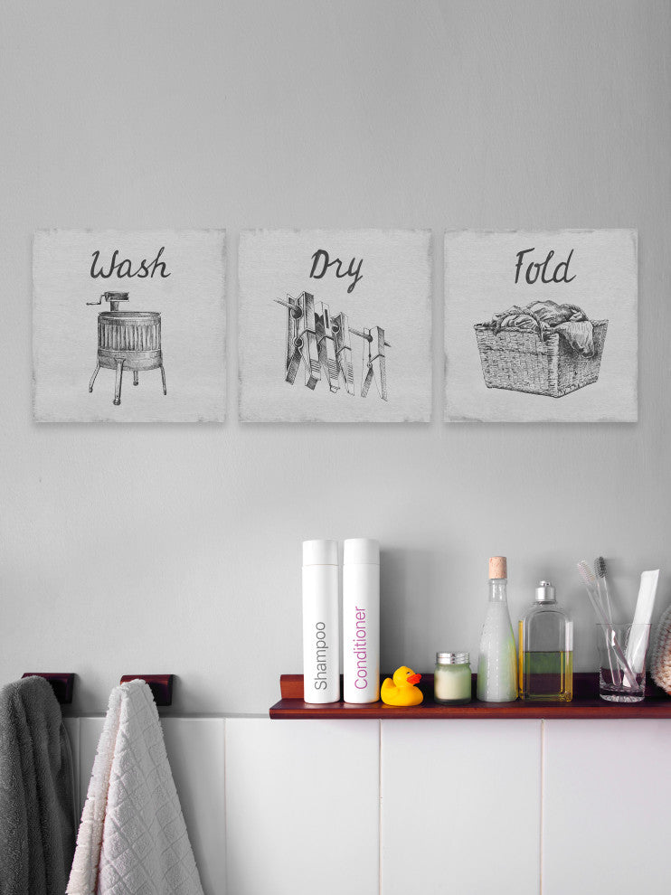 Old Fashioned Laundry Triptych, 3-Piece Set, 48x48 Panels