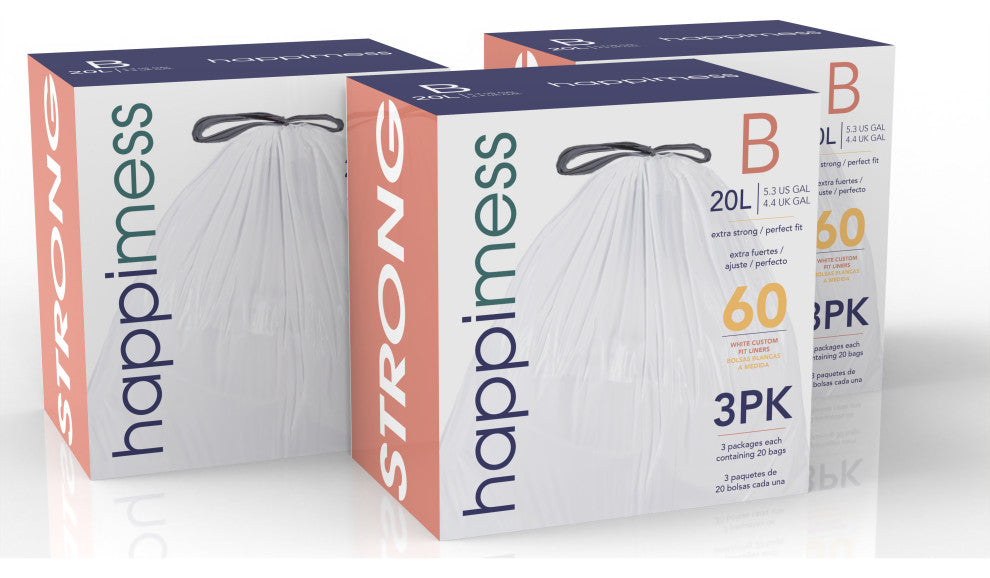happimess Drawstring Trash Can Liner,, 60-Count, 3-Packs of 20 Liners, White, 5.3 Gallons
