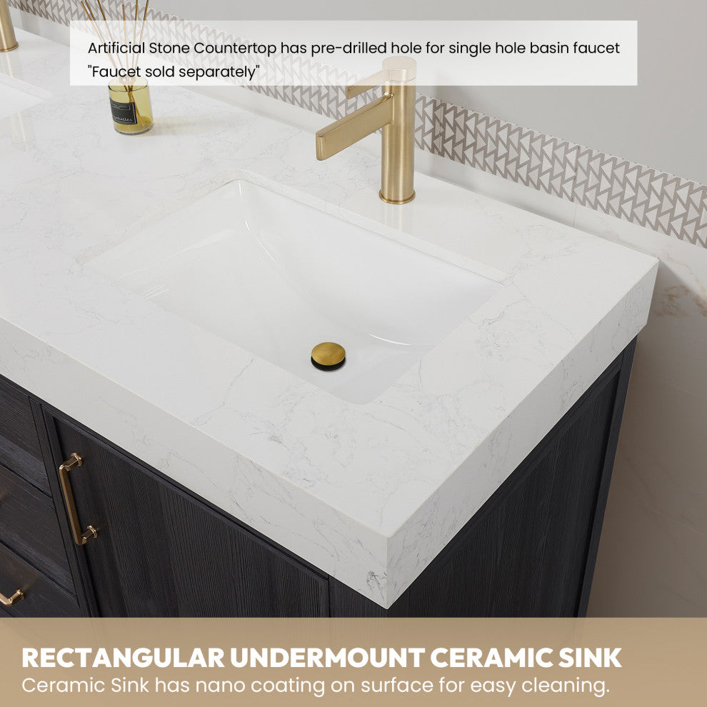 Leon Bath Vanity With Composite Stone Top, Fir Wood Black, 84", With Mirror
