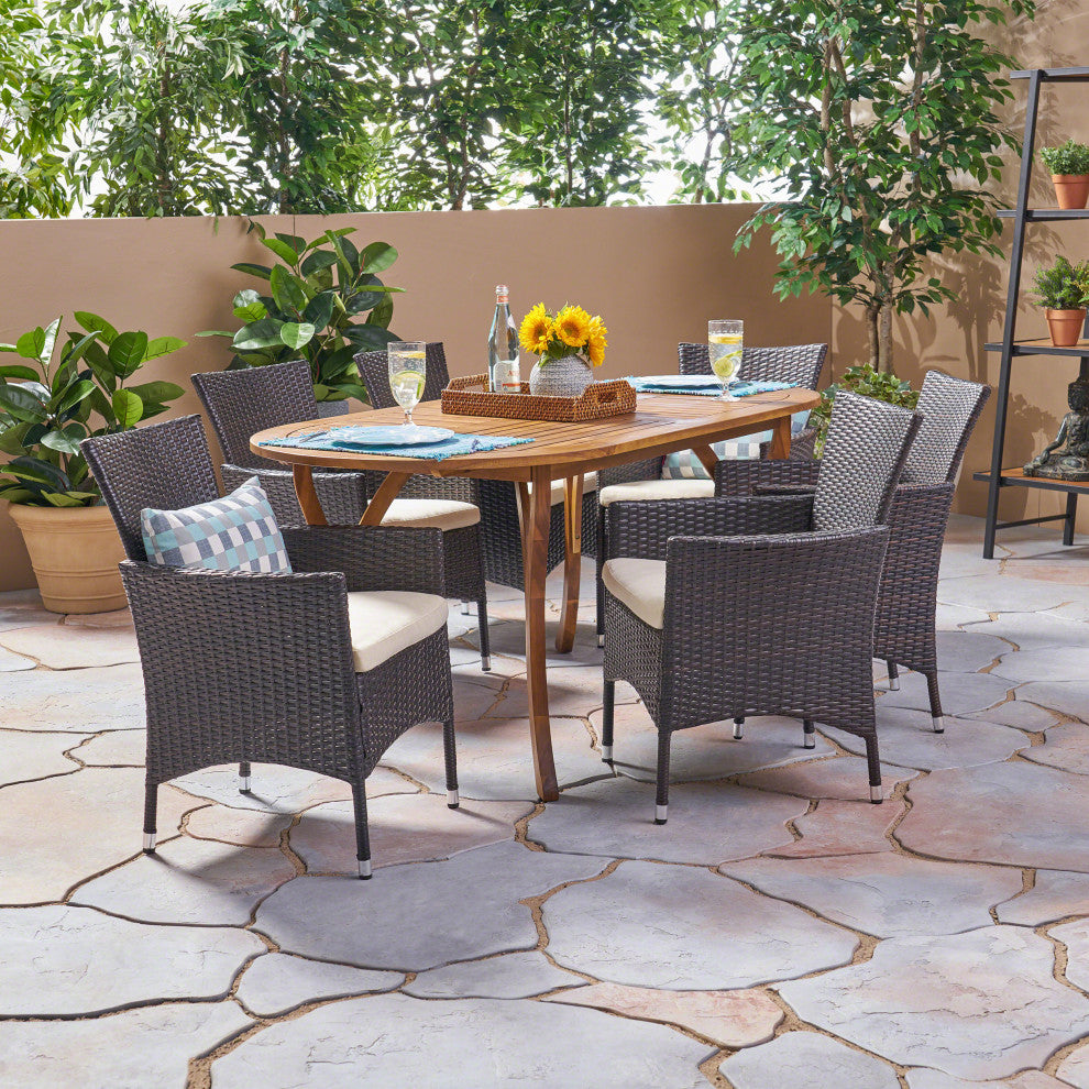 GDF Studio 7-Piece Edna Outdoor TeakAcacia& Wicker Dining Set, Teak/Multi Brown